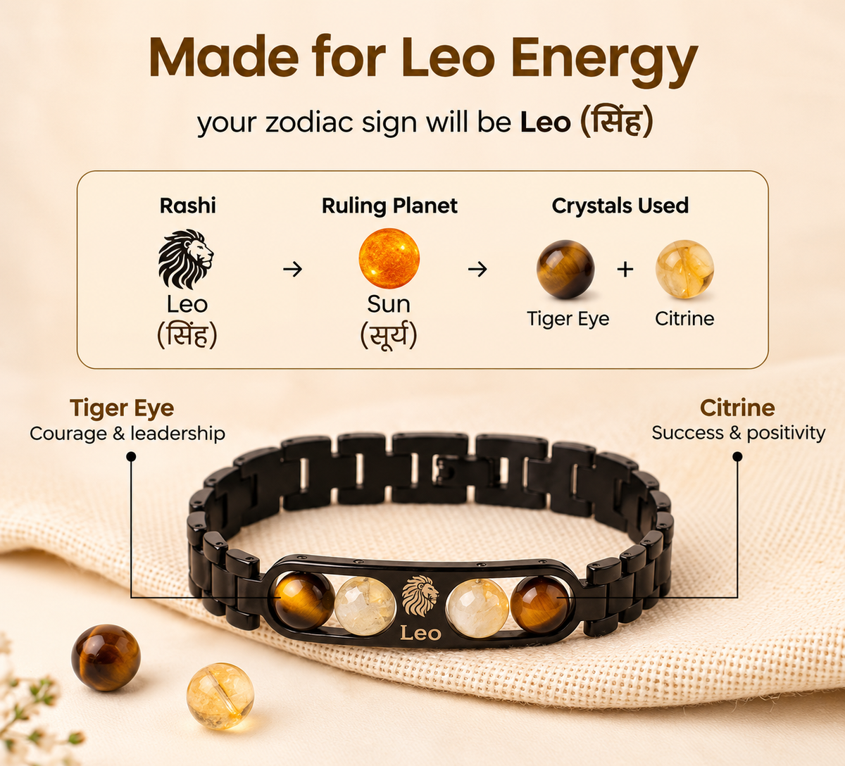 Leo Zodiac Metal Bracelet with Free Raw Selenite Plate