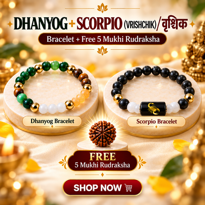 Scorpio Zodiac & DhanYog Bracelet + FREE 5 Mukhi Rudraksha