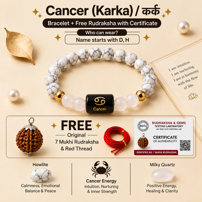 Cancer (कर्क राशि) Zodiac Howlite & Milky Quartz Bracelet with Free 7 Mukhi Rudraksha