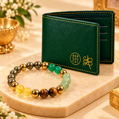 Men's Dhanyog Bracelet & Premium  Green Travel Wallet |Combo