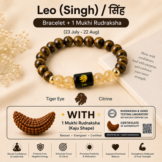 Leo (सिंह राशि) Zodiac Tiger Eye & Citrine Bracelet with Free 7 Mukhi Rudraksha