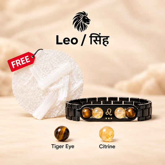 Leo Zodiac Metal Bracelet with Free Raw Selenite Plate