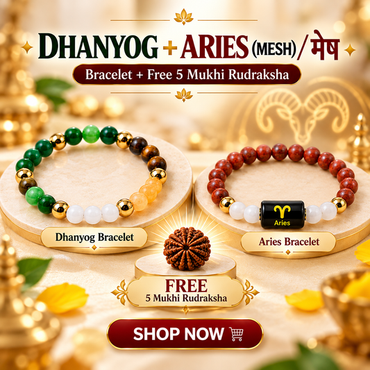 Aries (मेष राशि) Zodiac & DhanYog Eye Bracelet + FREE 5 Mukhi Rudraksha