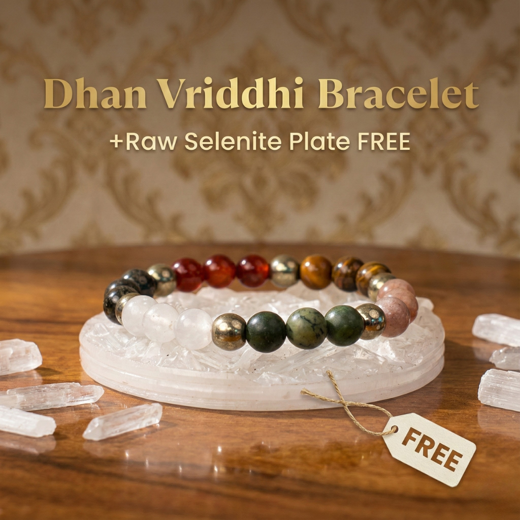 Dhan Vriddhi bracelet with a free raw selenite plate on a wooden surface.