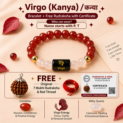 Virgo (कन्या राशि) Zodiac Carnelian & Milky Quartz Bracelet with Free 7 Mukhi Rudraksha