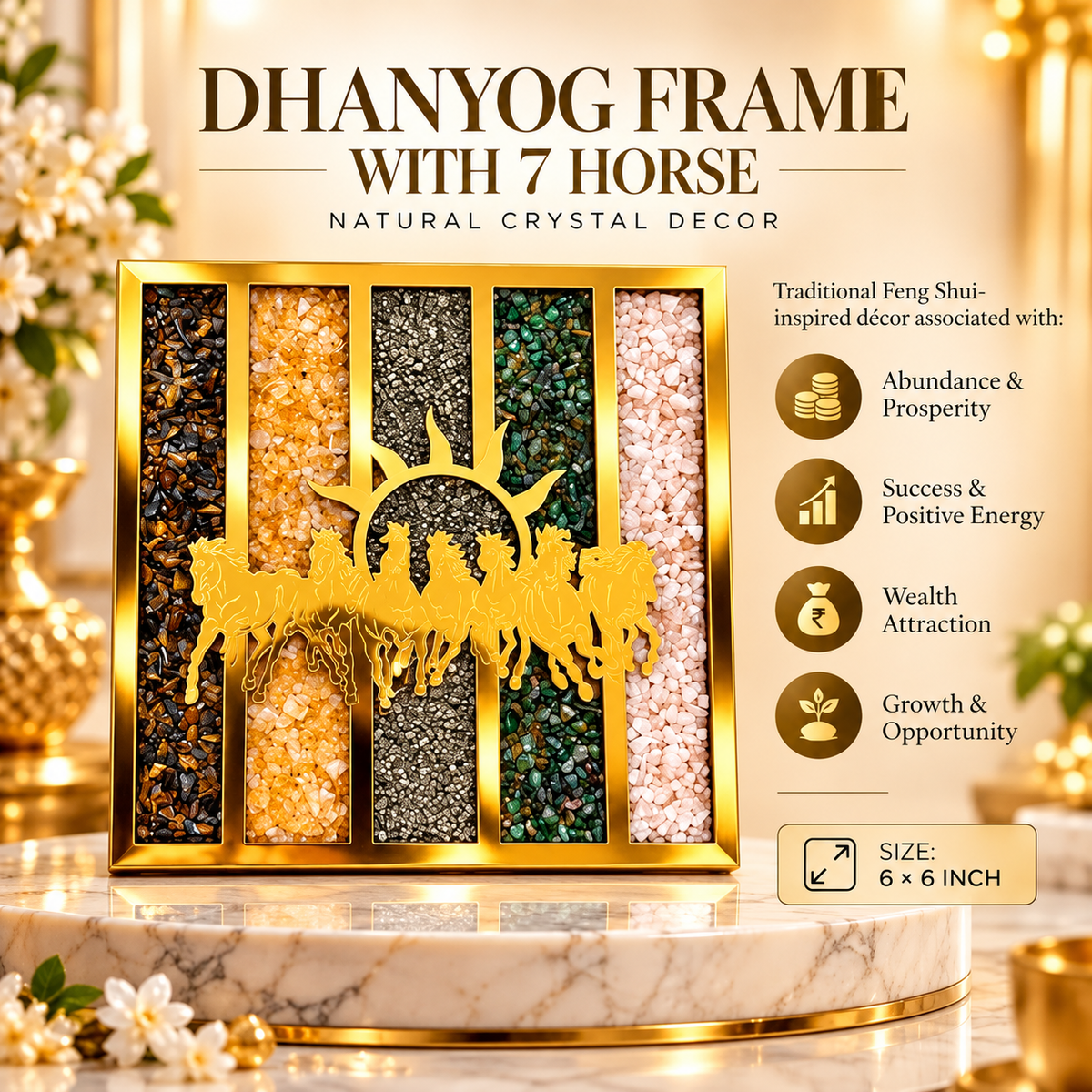 Dhan Yog 7 Horse Natural Crystal Frame - Feng Shui Wealth & Prosperity Home Decor