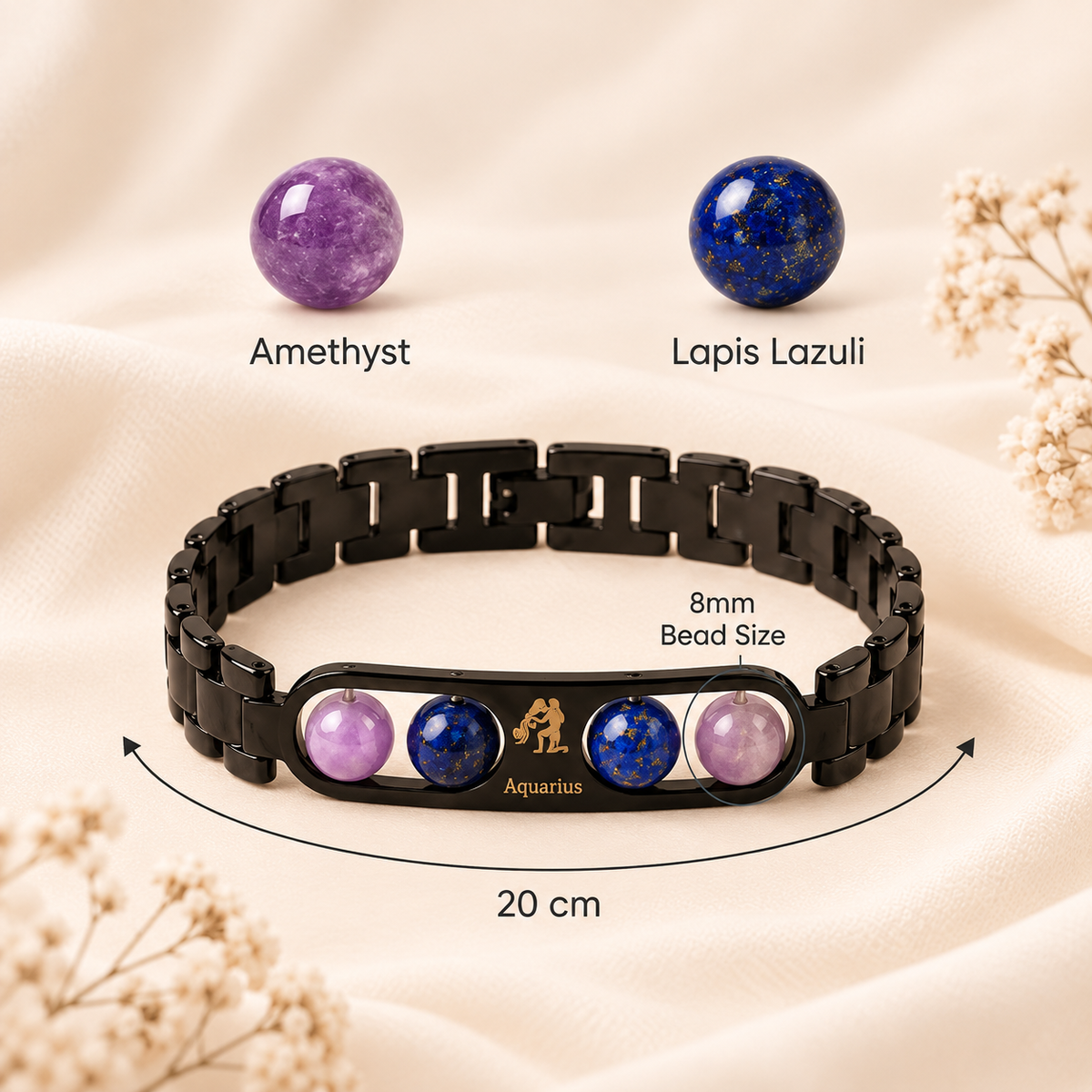 Aquarius Zodiac Metal Bracelet with Free Raw Selenite Plate