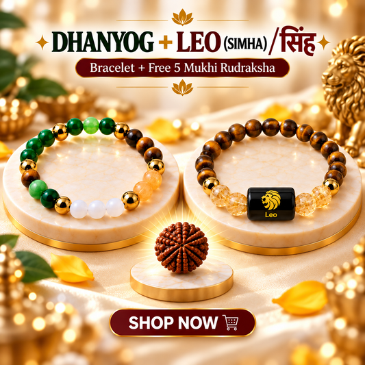 Leo Zodiac & DhanYog Combo Bracelet + FREE 5 Mukhi Rudraksha
