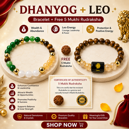 Leo Zodiac & DhanYog Combo Bracelet + FREE 5 Mukhi Rudraksha