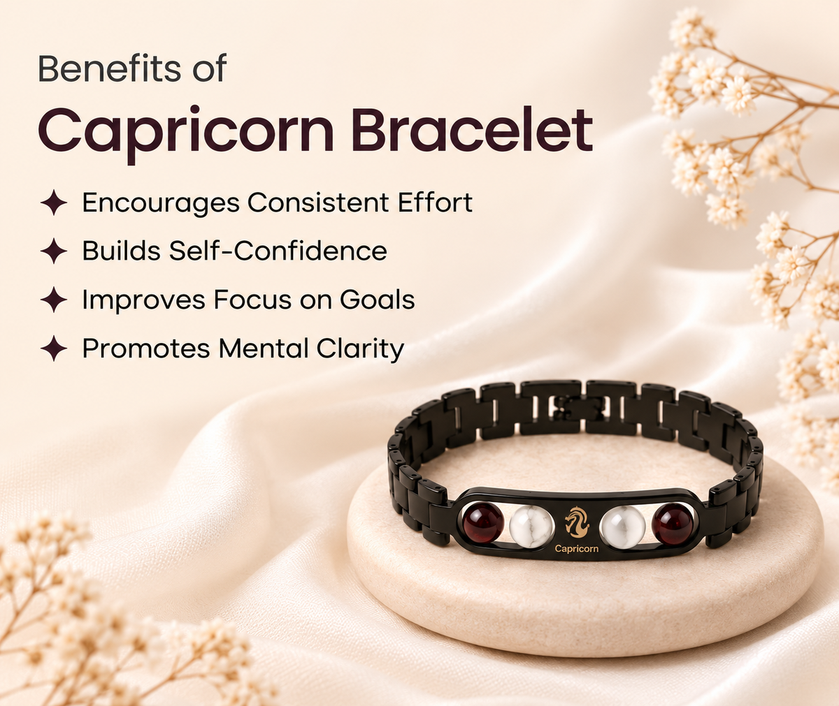 Capricorn Zodiac Metal Bracelet with Free Raw Selenite Plate