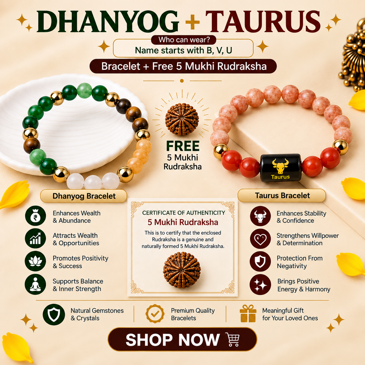 Taurus Zodiac & DhanYog Bracelet + FREE 5 Mukhi Rudraksha