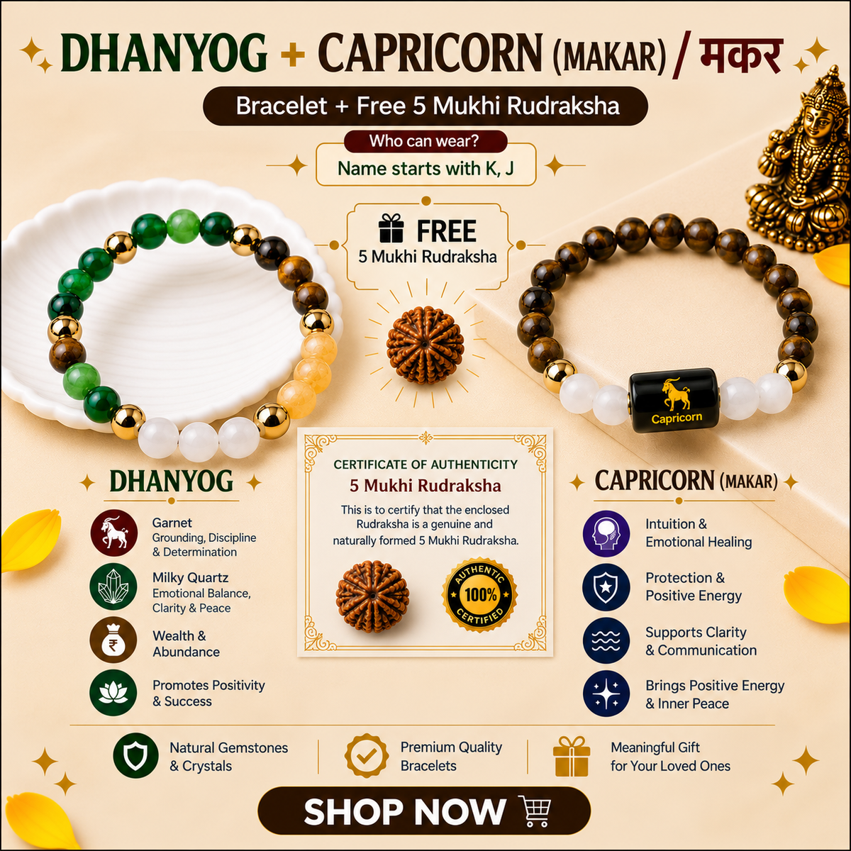 Capricorn Zodiac & DhanYog Bracelet + FREE 5 Mukhi Rudraksha