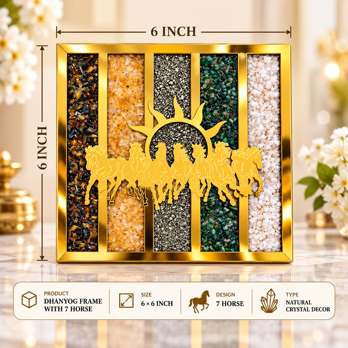 Dhan Yog 7 Horse Natural Crystal Frame - Feng Shui Wealth & Prosperity Home Decor