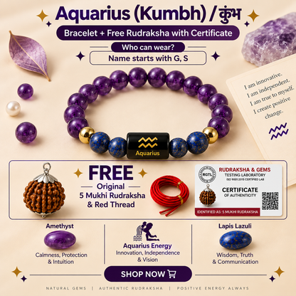 Aquarius (कुंभ राशि) Zodiac Amethyst & Lapis Lazuli Bracelet with Free 5 Mukhi Rudraksha