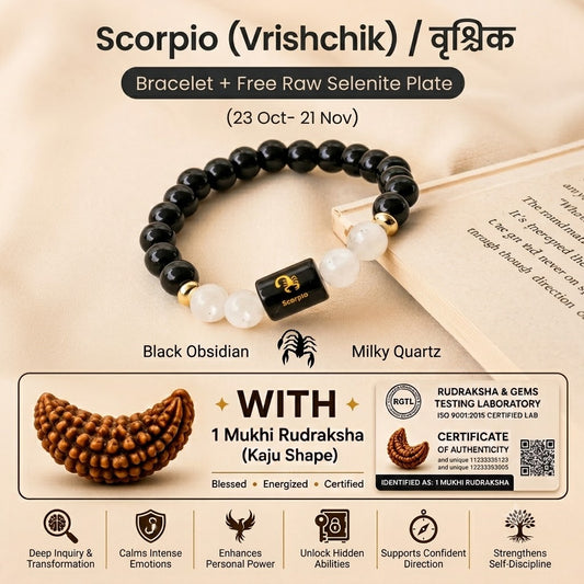 Scorpio (वृश्चिक राशि) Zodiac Black Obsidian & Milky Quartz Bracelet with 1 Mukhi Rudraksha