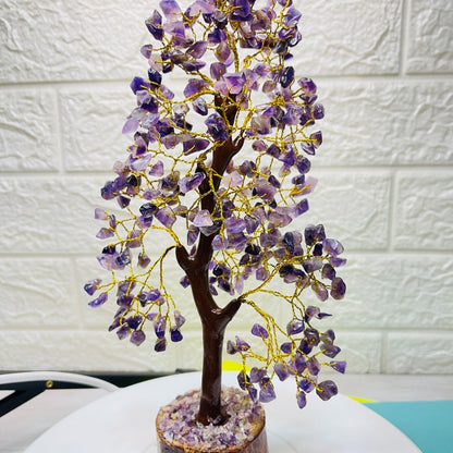 Natural purple Amethyst gemstone healing tree for stress relief, spiritual growth, and Third Eye Chakra balancing.