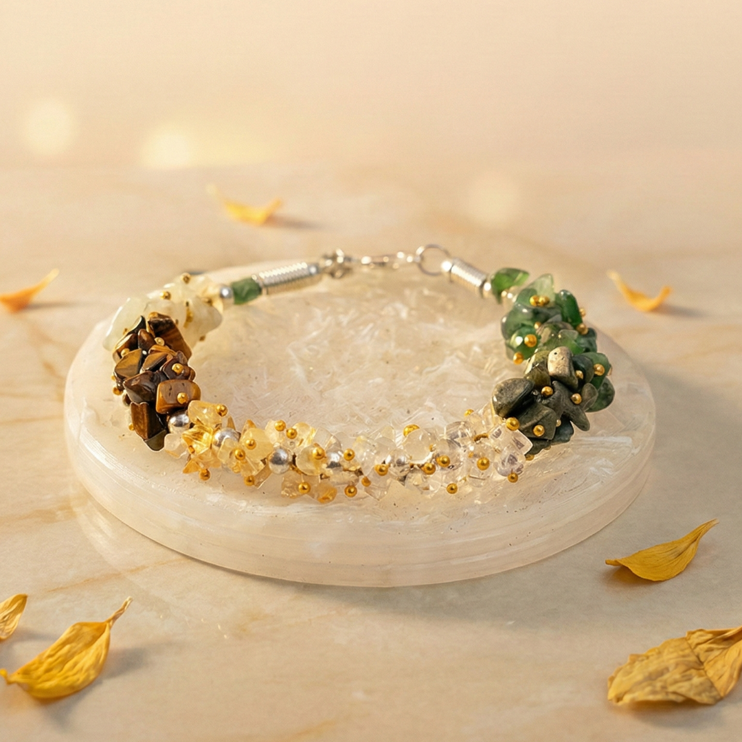 Dhan Yog multi-crystal chips bracelet for wealth manifestation resting on a raw white Selenite charging plate.