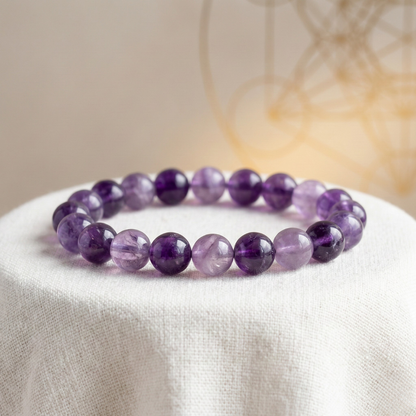 Natural purple Amethyst beaded stretch bracelet for stress relief, spiritual healing, and chakra balancing.